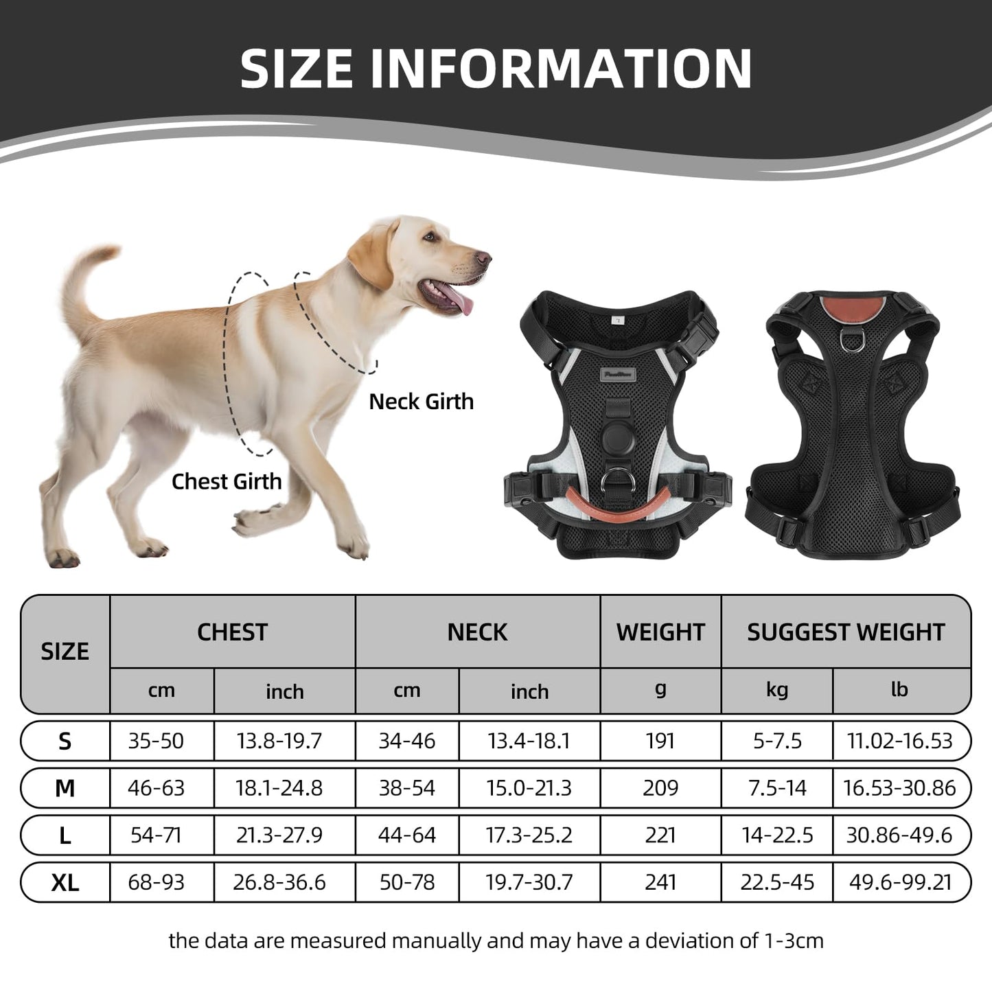 PawWave Dog Harness with GPS Tracker Holder, No-Pull Reflective Vest, Three Secure Buckles, Black