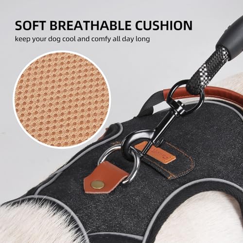PawWave No- Pull Adjustable Denim Dog Harness-Comfortable Jeans Style Pet Vest with Reflective Straps, Durable Metal Ring, Secure Fit for Samll, Medium &Large Dogs