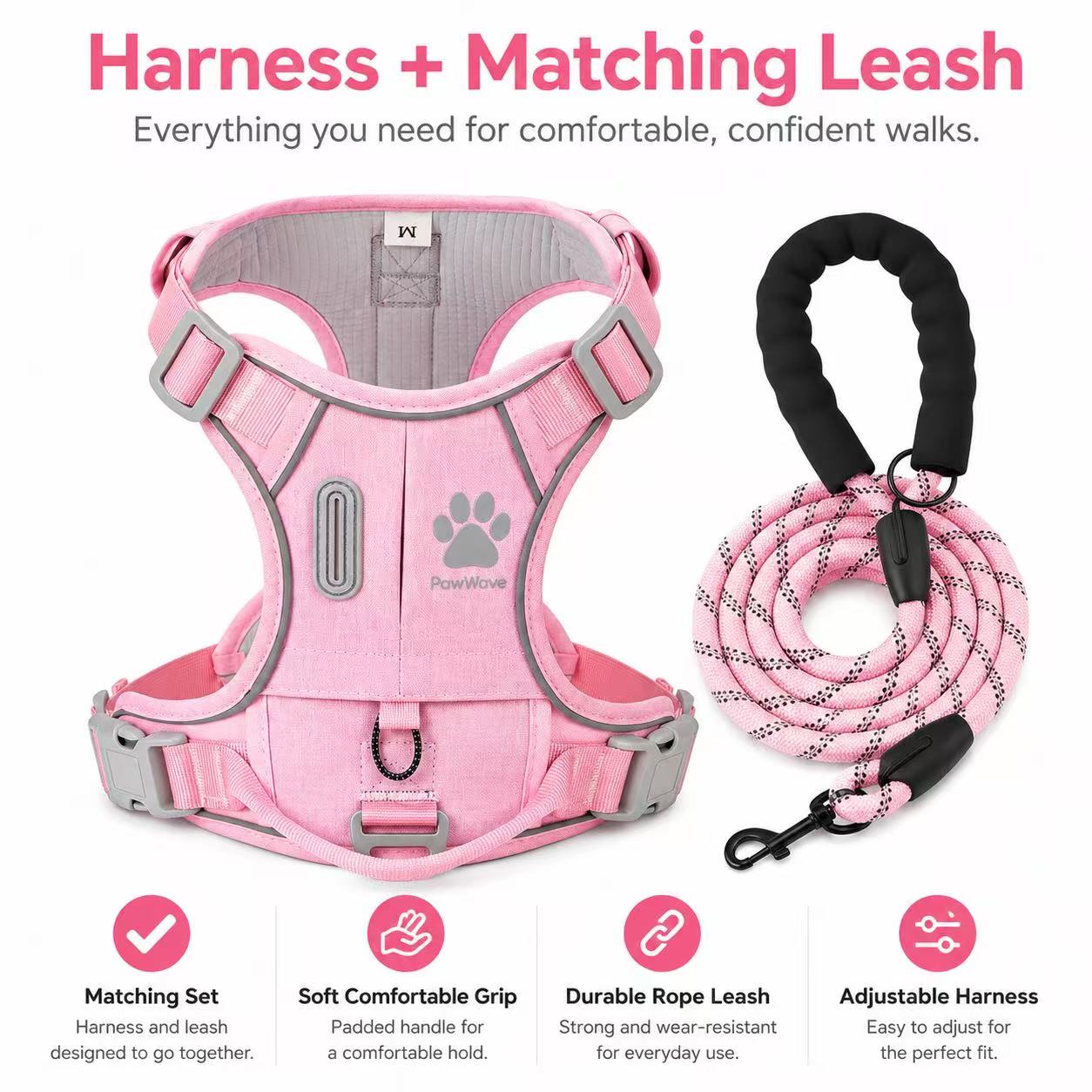 Matching Dog Harness and Leash Set with Hidden Tracker Pocket, Reflective No-Pull