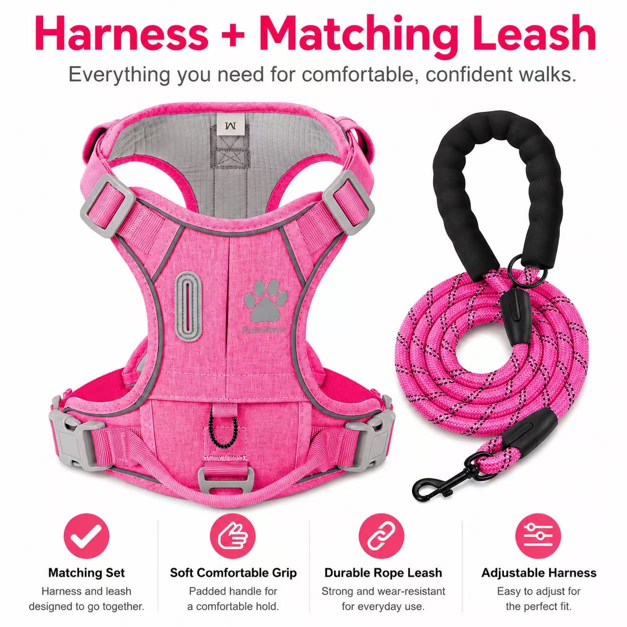 Matching Dog Harness and Leash Set with Hidden Tracker Pocket, Reflective No-Pull