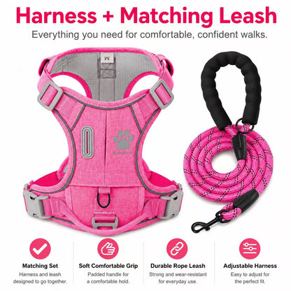 Matching Dog Harness and Leash Set with Hidden Tracker Pocket, Reflective No-Pull