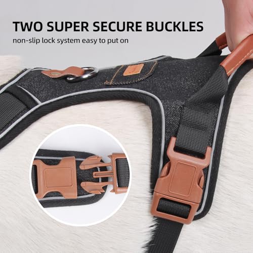 PawWave No- Pull Adjustable Denim Dog Harness-Comfortable Jeans Style Pet Vest with Reflective Straps, Durable Metal Ring, Secure Fit for Samll, Medium &Large Dogs