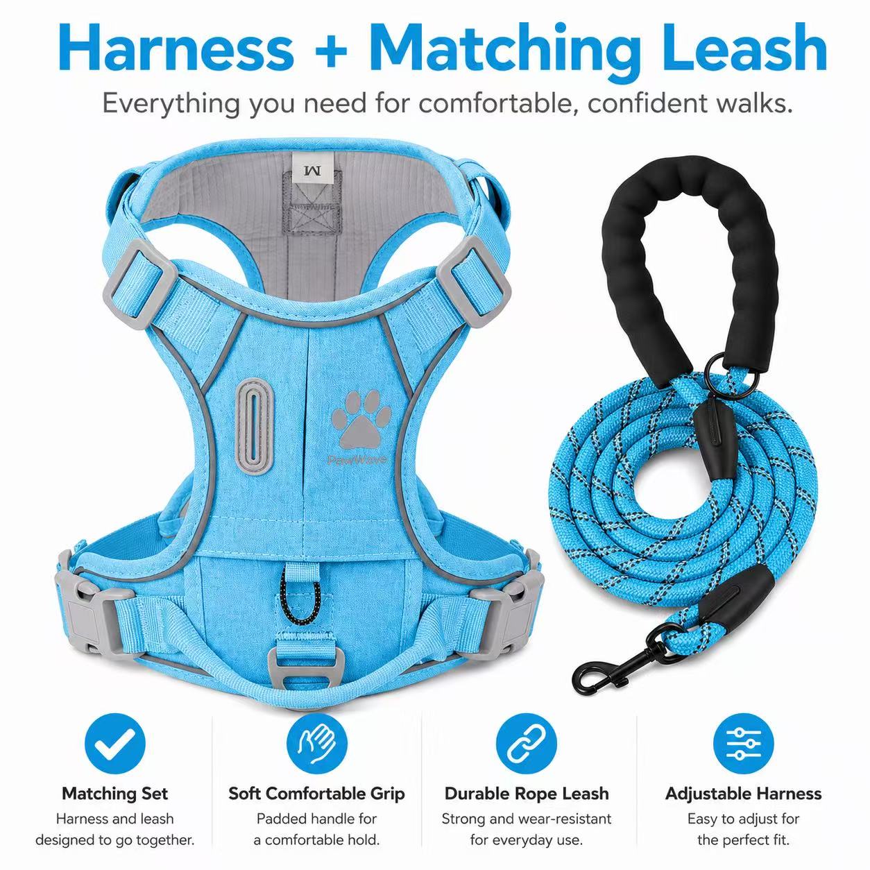 Matching Dog Harness and Leash Set with Hidden Tracker Pocket, Reflective No-Pull