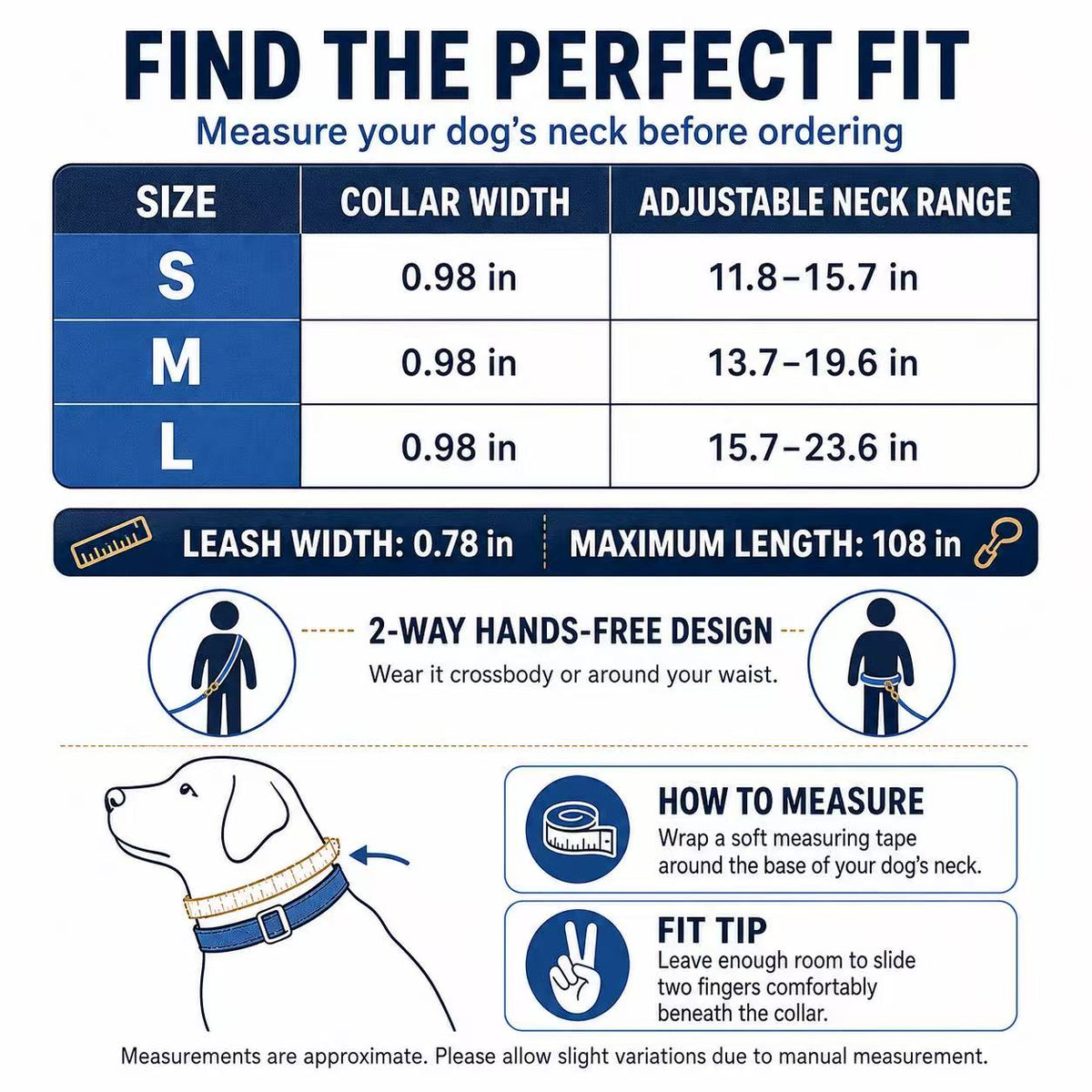 Denim Dog Collar & 3-in-1 Convertible Leash Set with AirTag Holder and Genuine Leather Accents
