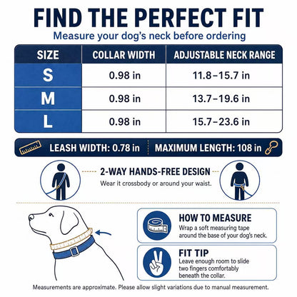 Denim Dog Collar & 3-in-1 Convertible Leash Set with AirTag Holder and Genuine Leather Accents