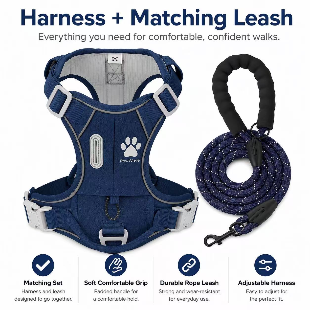 Matching Dog Harness and Leash Set with Hidden Tracker Pocket, Reflective No-Pull