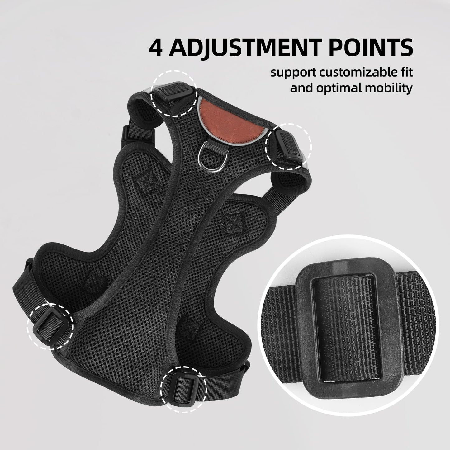 PawWave Dog Harness with GPS Tracker Holder, No-Pull Reflective Vest, Three Secure Buckles, Black