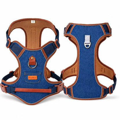 PawWave No pull Denim Dog Harness with Car Safety Leash set for daily stylish walks for small to Large Dogs