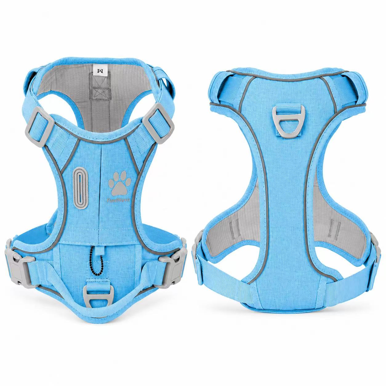 PawWave No Pull Dog Harness with Hidden Tracking Tag Holder– Soft Padded Reflective Vest plus Car Safety Leash set perfectly for small to Large Dogs