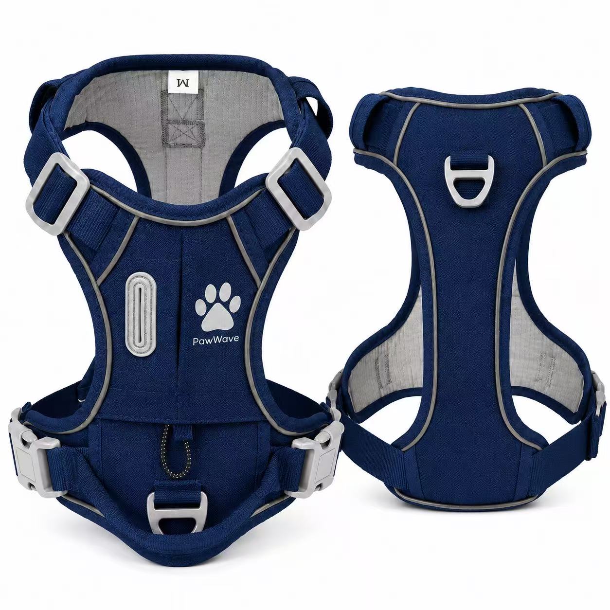 PawWave No Pull Dog Harness with Hidden Tracking Tag Holder– Soft Padded Reflective Vest plus Car Safety Leash set perfectly for small to Large Dogs