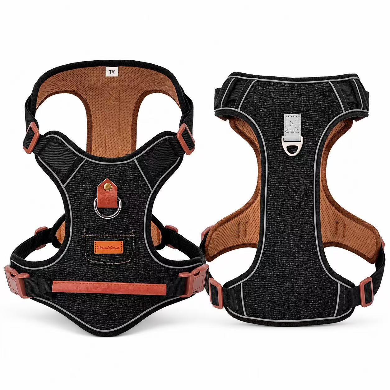 PawWave No pull Denim Dog Harness with Car Safety Leash set for daily stylish walks for small to Large Dogs