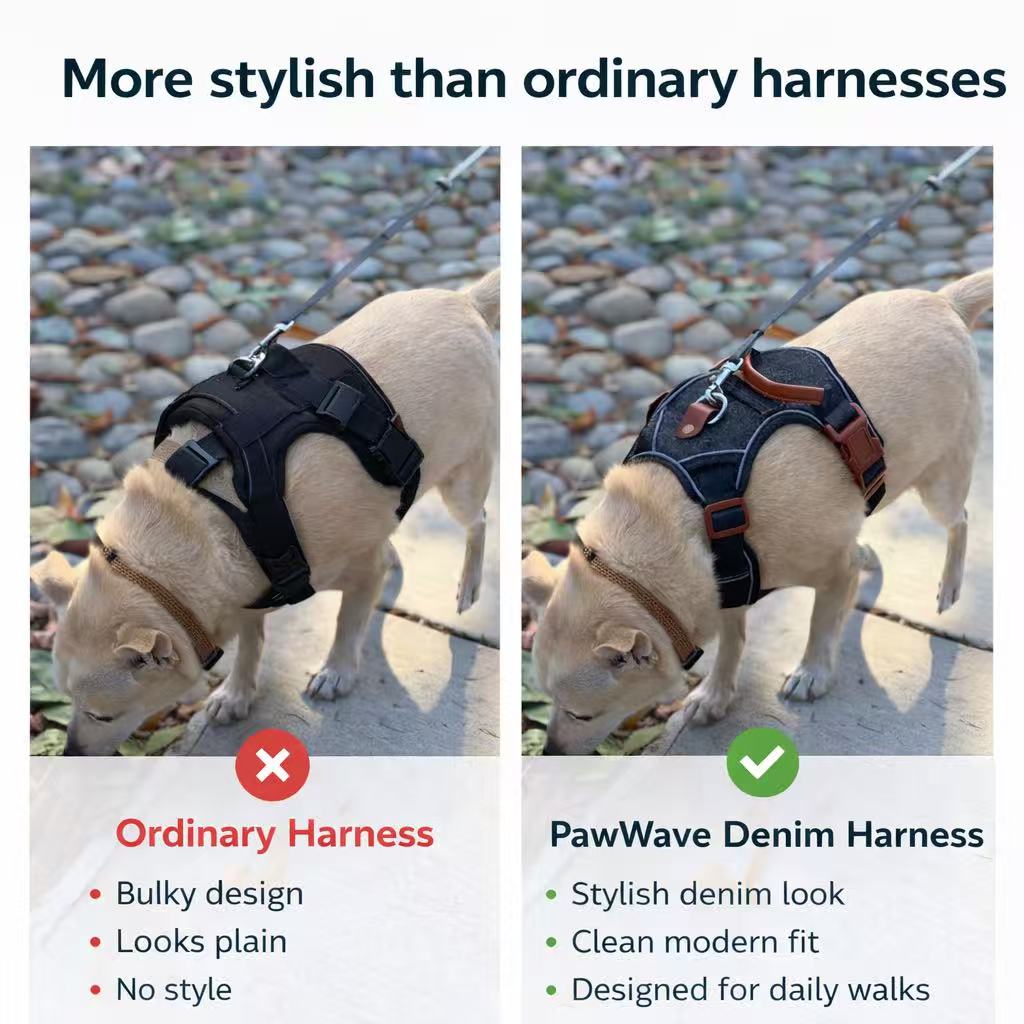PawWave No pull Denim Dog Harness with Car Safety Leash set for daily stylish walks for small to Large Dogs