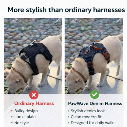 PawWave No pull Denim Dog Harness with Car Safety Leash set for daily stylish walks for small to Large Dogs