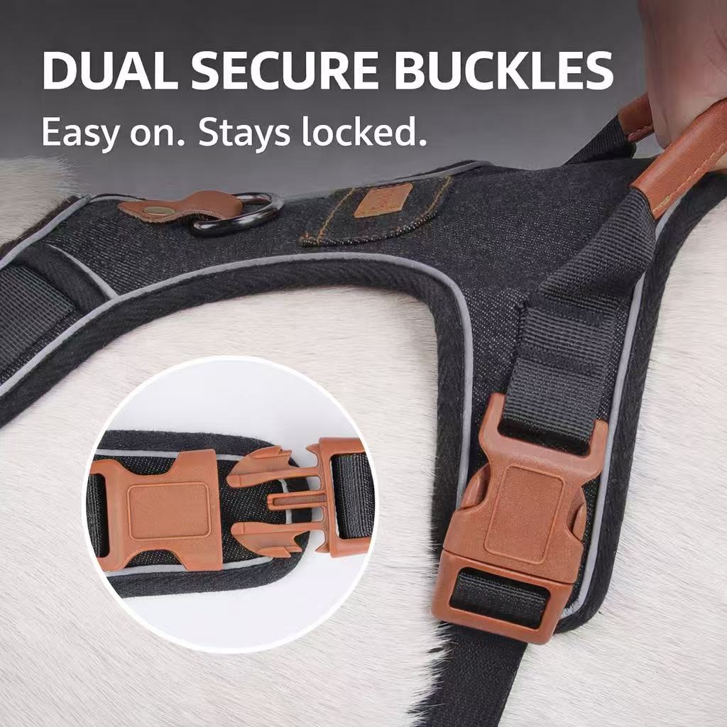 PawWave No pull Denim Dog Harness with Car Safety Leash set for daily stylish walks for small to Large Dogs