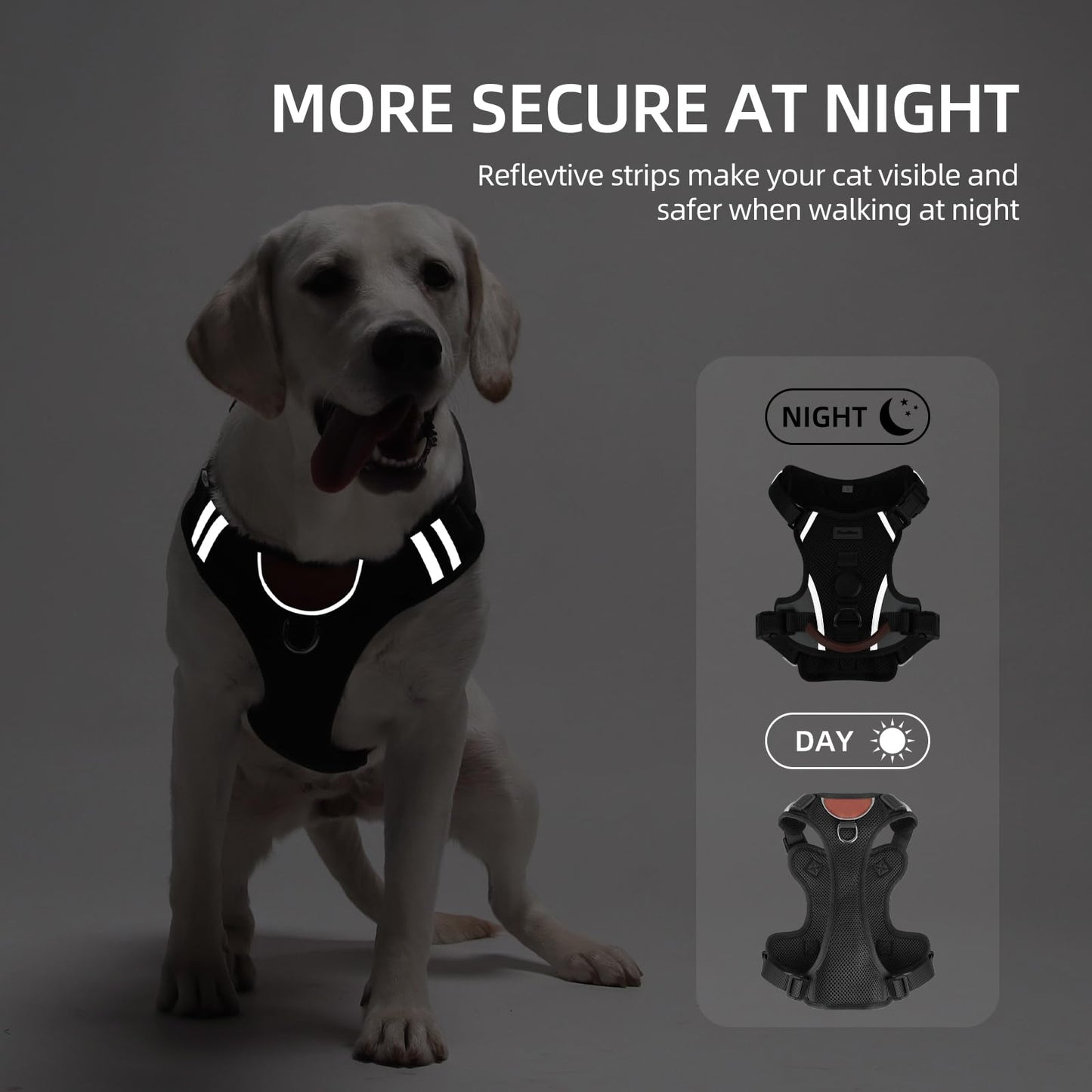 PawWave Dog Harness with GPS Tracker Holder, No-Pull Reflective Vest, Three Secure Buckles, Black