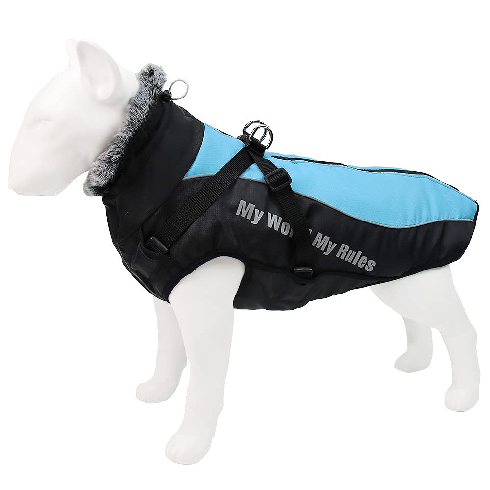 Waterproof Dog Winter Coat with Fur Collar, Reflective Details, Adjustable Straps, Black