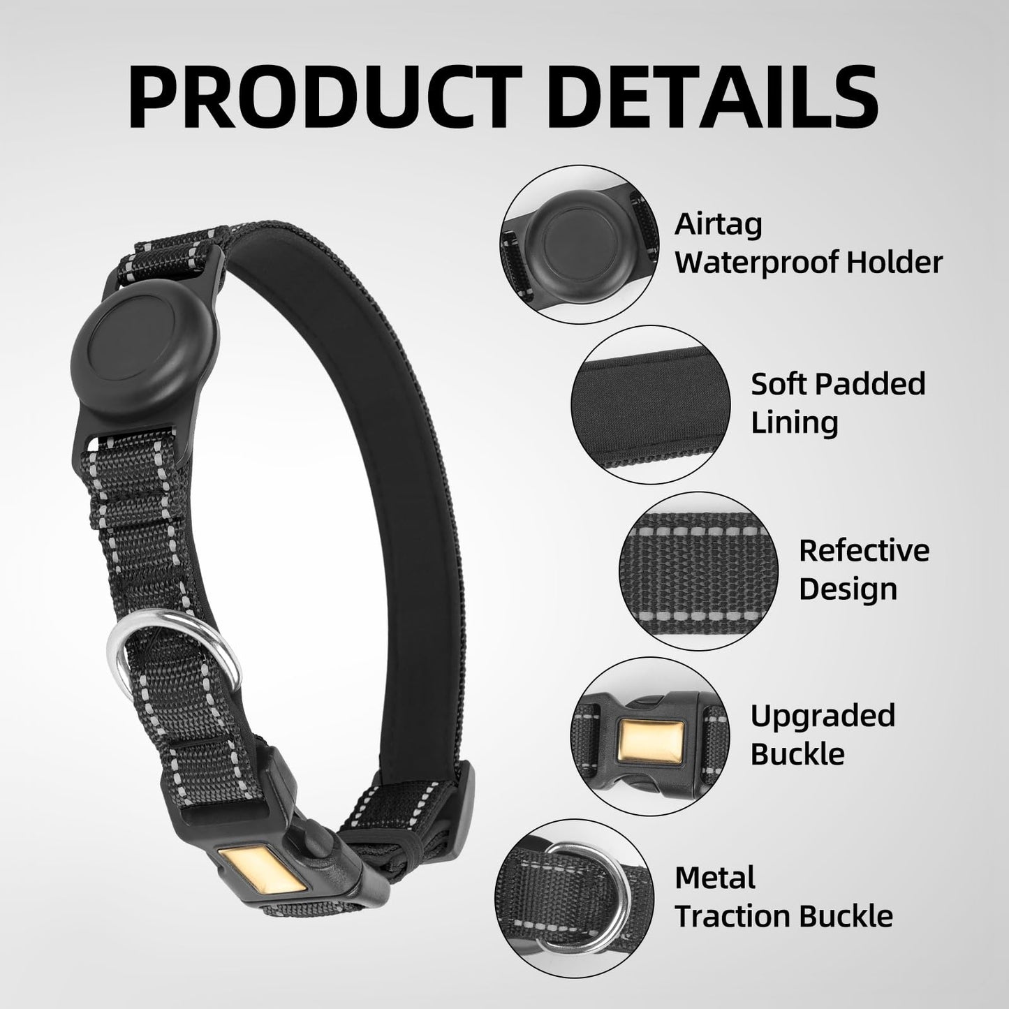Dog Collar and Leash Set, Reflective with AirTag Holder, Padded Lining