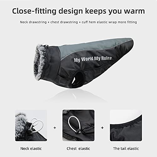 Waterproof Dog Winter Coat with Fur Collar, Reflective Details, Adjustable Straps, Black