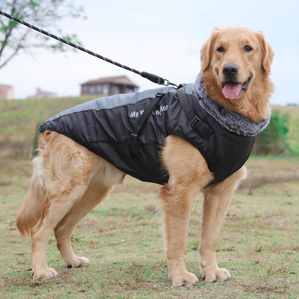 Waterproof Dog Winter Coat with Fur Collar, Reflective Details, Adjustable Straps, Black