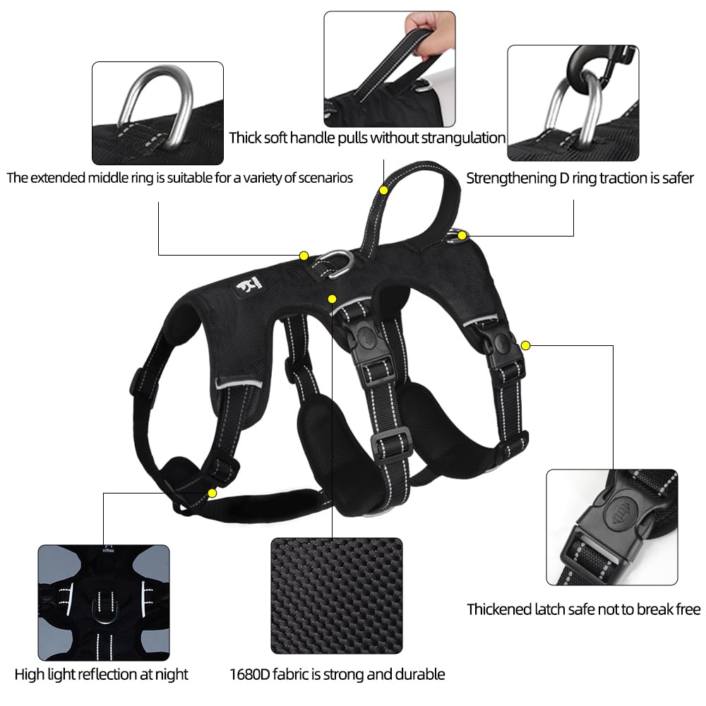 Heavy Duty No-Pull Dog Harness, Reflective Safety Vest, Escape-Proof Design for Medium & Large Dogs, Black