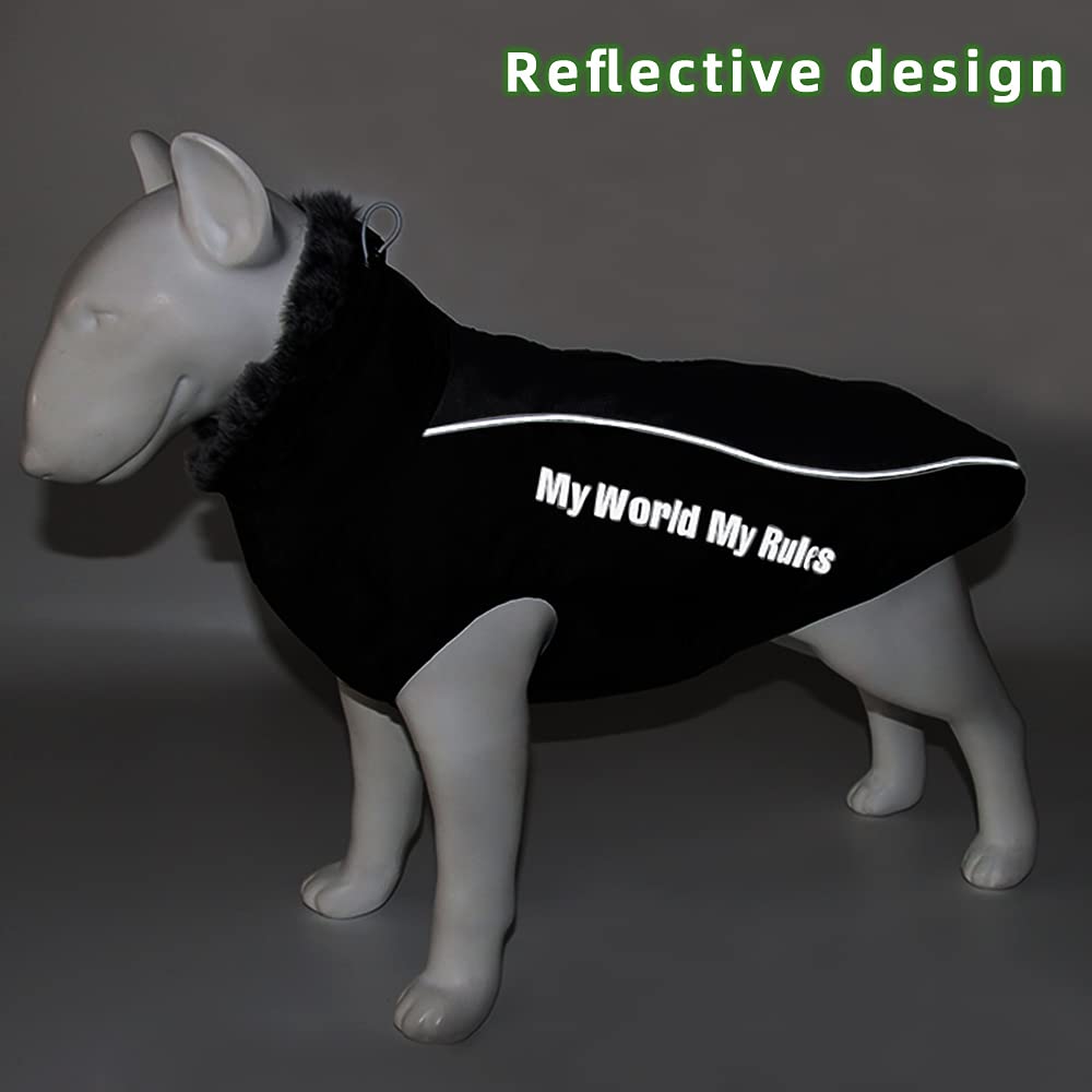 Waterproof Dog Winter Coat with Fur Collar, Reflective Details, Adjustable Straps, Black