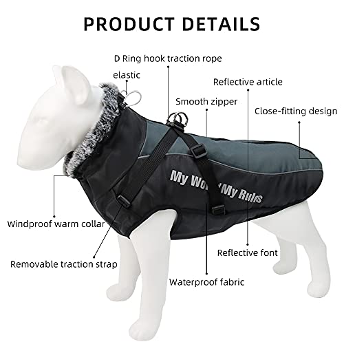 Waterproof Dog Winter Coat with Fur Collar, Reflective Details, Adjustable Straps, Black