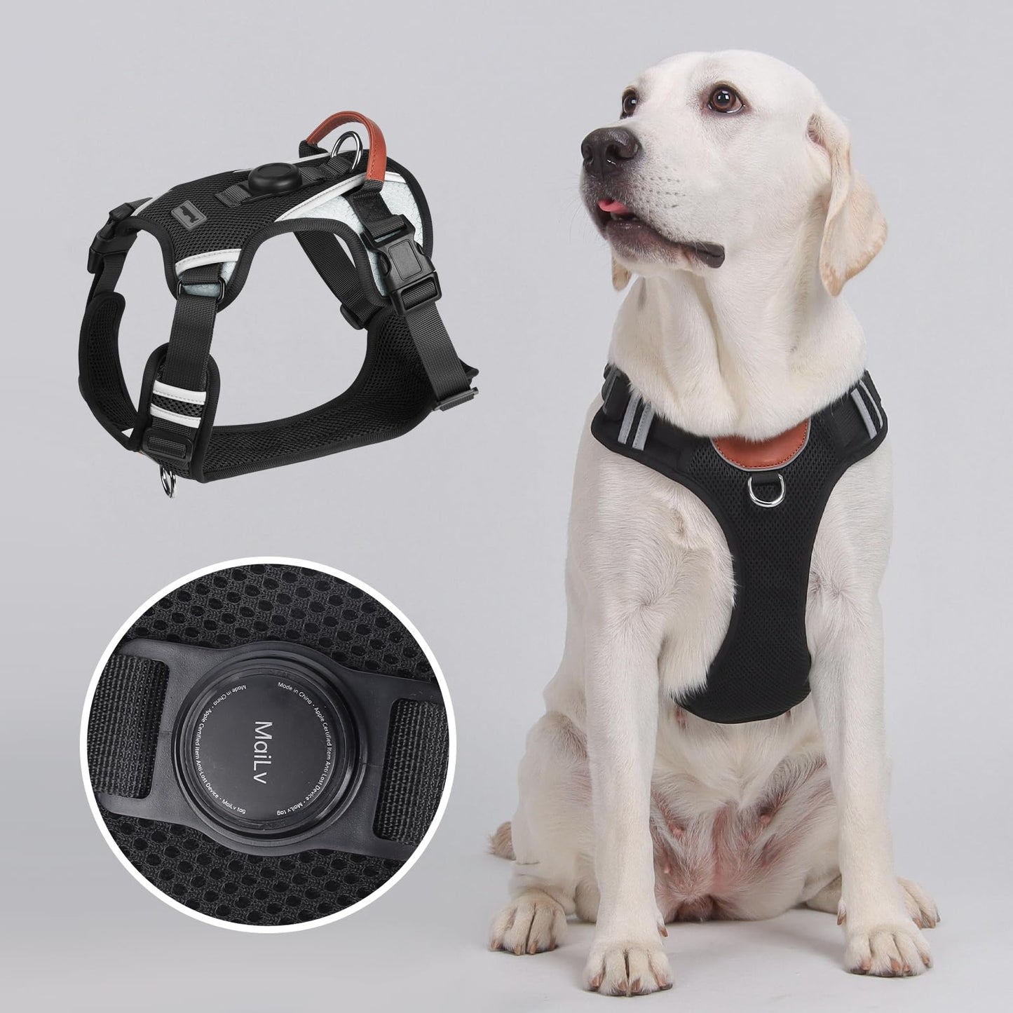 PawWave Dog Harness with GPS Tracker Holder, No-Pull Reflective Vest, Three Secure Buckles, Black